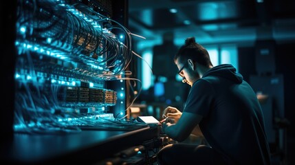 Modern Data Technology Server Racks in big room, IT engineer working on data rack, copy space for text