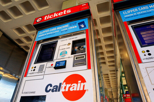 San Francisco, California &ndash; October 23, 2023: Caltrain Tickets Machines at San Francisco Caltrain rail Station. The Caltrain rail line serving the San Francisco Peninsula and Santa Clara Valley