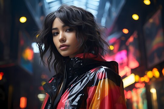 High-fashion model in a futuristic cityscape with bold pops of neon against a dark urban backdrop