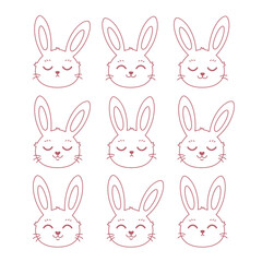 Cute outline bunny faces. Easter bunny. Coloring book. Hand drawn vector illustration