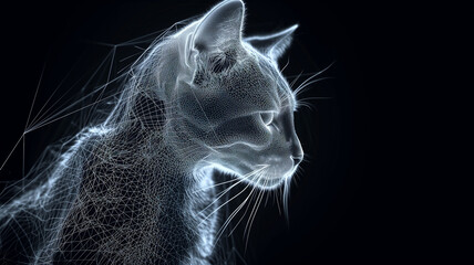 Cat in Hologram Wireframe Style. Polygonal design of lines and dots. Black background.	
