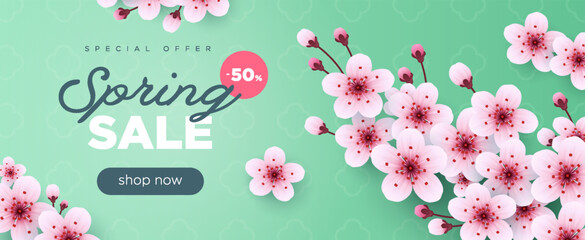 Spring sale long green banner with cherry blossom - obrazy, fototapety, plakaty