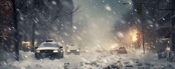 Winter storm with a blizzard warning: the street is blanketed in snow, and parked cars are covered in the wintry white landscape. - obrazy, fototapety, plakaty