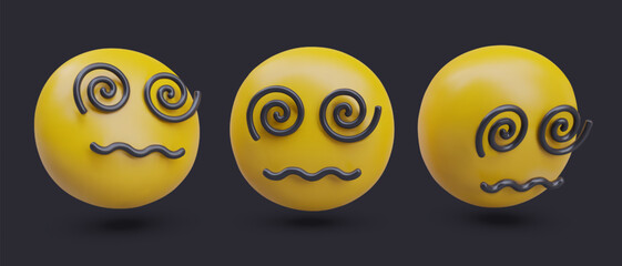 Fototapeta premium Dizzy face emoticons set. Yellow 3D heads with spirals eyes and twisted mouth. Stunned character, different angle view. Vector templates for dynamic design