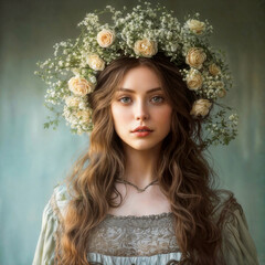 A romantic image of a young woman on a wreath of wildflowers dressed in a country style outfit in a green color palette. For covers, backgrounds, wall arts and other spring projec