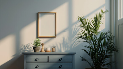 Blank biege poster frame mock up template, room interior in fusion style, white walls on background, gray dresser and green palm plant. Play of light and shadows