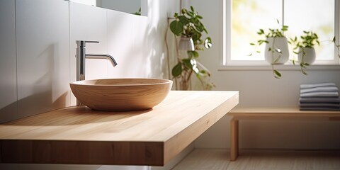 Fototapeta na wymiar Blurred bathroom interior background with wooden table.
