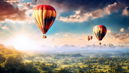 air balloon floating in the autumn sky, air balloons flying over, Flying balloon, air balloon sky landscape flying travel, a group of hot air balloons flying over a canyon