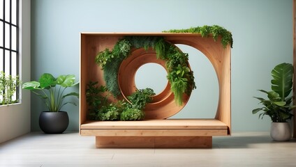 Wooden crafted podium with minimalist background