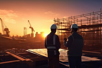  a couple of men standing next to each other on top of a building under a sky with a sun setting in the middle of the sky and a construction area behind them.