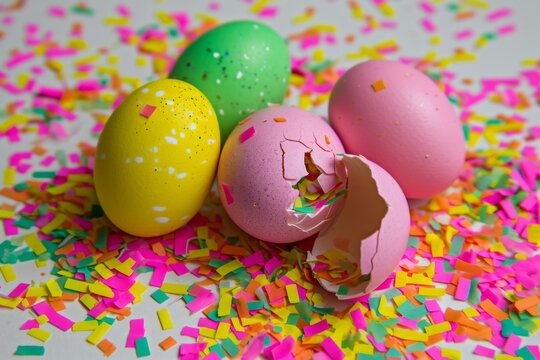 Colourful easter eggs filled with confetti. Food art decoration in Hispanic culture. Tradicional cascarones on pastel, subtle colours.