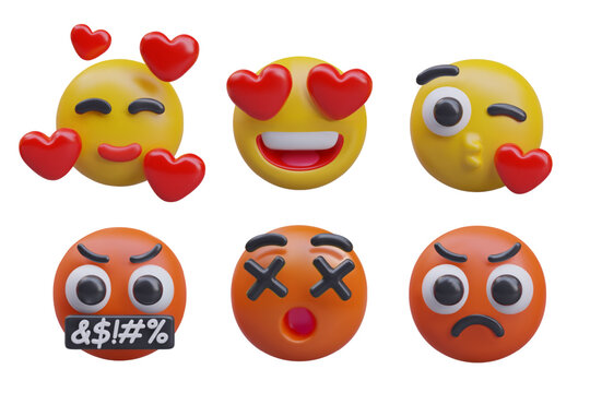 Set of funny and angry emoticons. Love, flirting, air kisses. Anger, irritation, censored words. Opposite, contrasting emotions. Cute templates for online reactions