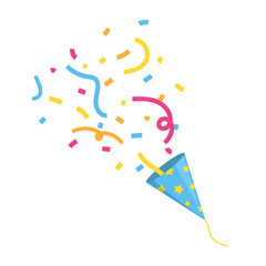 Party cracker and colorful confetti flat vector illustration