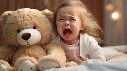 emotional moment of a one-year-old child crying in bed with a teddy bear.