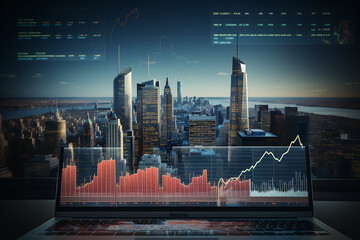 economic graphics on a skyscraper city background
