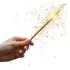 Hand holding a magic wand with sparkles isolated on white background, detailed, png
