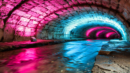Mysterious Underground Tunnel, Dark Corridor with Illuminated Walls, Ancient Architecture, Eerie Urban Exploration - obrazy, fototapety, plakaty