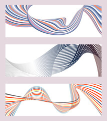 Wavy lines or ribbons. Set of 3 backgrounds. Multicolored striped gradient. Creative unusual background with abstract gradient wave lines to create a trendy banner, poster. vector eps