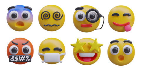 Set of 3D emoticons in cartoon style. Isolated vector templates showing different human reactions. Cute images on white background. Fear, dizziness, attention, pleasure, rage, sickness, delight, shock
