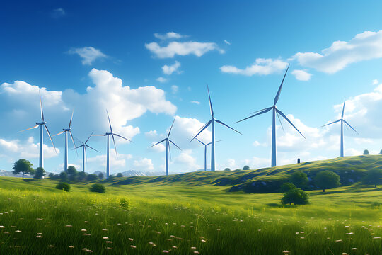 windmills on green meadow on sunny day