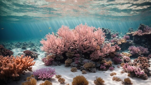 Background of a pink coral reef in an underwater sea