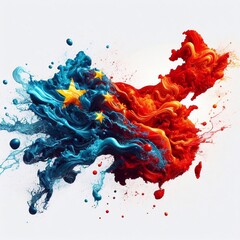 China flag what Splash of water and flame. AI generated illustration