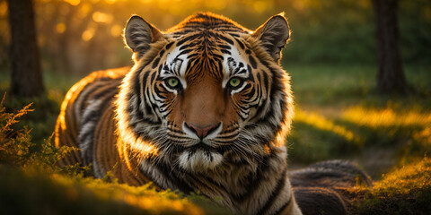 Emerald fire in the Siberian dusk: A tiger's piercing gaze ignites awe in this capture. Golden sunlight paints its regal form, commanding respect and admiration.