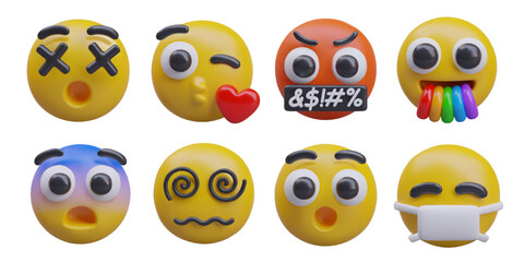 Set of popular emoticons in 3D style. Death shock, kiss, censored, rainbow from mouth, fright, dizziness, shock, medical mask. Creative icons for messenger, advertising compositions