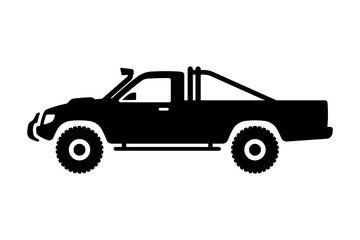 Off-road pickup truck icon. SUV. Black silhouette. Side view. Vector simple flat graphic illustration. Isolated object on a white background. Isolate.