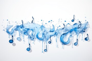  a group of musical notes painted in blue ink on a white background with a drop of water on the bottom of the image and a drop of blue ink on the bottom of the.