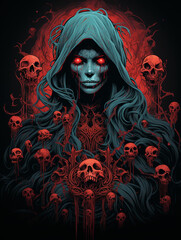 T-shirt design, illustration, Pristine conception artwork, terror-genre, tainted, misty shades, intricate сreated with Generative Ai