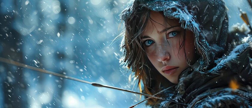 Frozen Forest Sentinel, Beautiful Female Archer in the Snow, generative ai