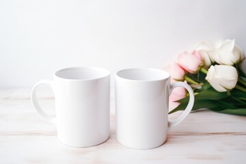  two white coffee mugs sitting next to a bouquet of pink and white tulips on a white tablecloth with a white wall in the background behind them.