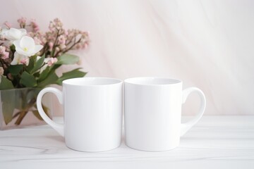  a couple of white coffee mugs sitting next to a vase with pink and white flowers in it on a white tableclothed surface with a vase with pink flowers in the background.