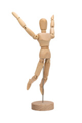 Wooden figure of a man isolated on white background. Wooden mannequin raising hands. Happiness concept.