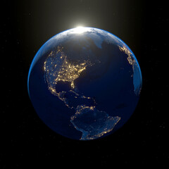 Western hemisphere at night from space with brightly lit cities and sunset, Motion of the sun along the edge of the Earth at night, 3D rendering - 718204077