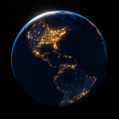 Western hemisphere at night from space with brightly lit cities and sunset, Motion of the sun along the edge of the Earth at night, 3D rendering - obrazy, fototapety, plakaty