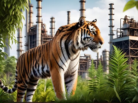 Ein Tiger im Dschungel vor einer alten Raffinerie - KI Bild