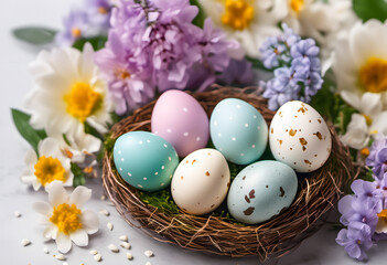 Obraz na płótnie Canvas Colorful Easter eggs in a nest with spring flowers on a white background. Easter concept.