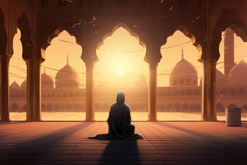 Muslim woman praying inside a huge mosque at sunset. Islamic religion and Ramadan Kareem concept. Concept of religion Islam. 3d rendering.