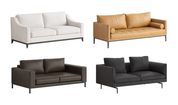 Set of four perspective views of a modern three-seater sofas. An ivory modern classic sofa with shaped armrests, a dark brown leather sofa, an orange leather sofa, and a black leather sofa. 3d render