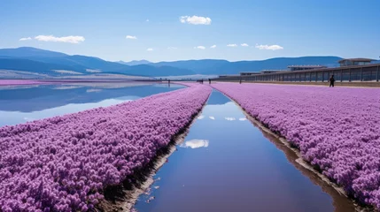   a large field of purple flowers next to a body of water with people walking on the other side of the field and a building in the distance with mountains in the distance. © Shanti