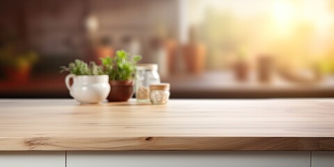 Fototapeta na wymiar Blurred kitchen background showcases wooden tabletop for displaying products.