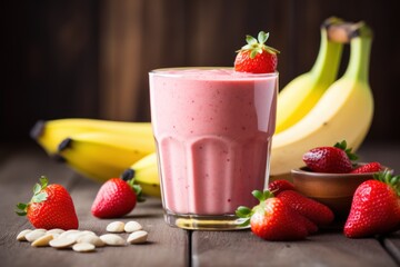  a smoothie with strawberries, almonds, bananas and a cup of yogurt is on a table next to a bowl of bananas and a bowl of almonds.