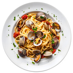 Spaghetti with clams on white plate top view isolated on white background