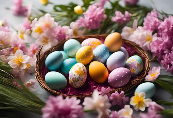 Fototapeta na wymiar Colorful Easter eggs in a nest surrounded by spring flowers. Easter concept.