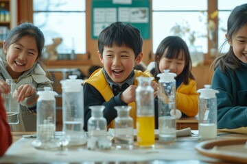 Energetic children laughing during a school science experiment, a moment of joy. Delighted students with lab equipment in school, a fun educational experience.