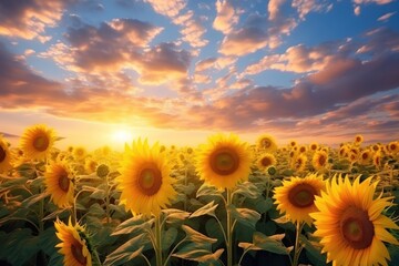  a large field of sunflowers with the sun setting in the middle of the field in the middle of the day with a blue sky and white clouds in the background.