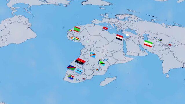 South African countries 3D animation, modern map outline, travel. South Africa, Egypt, Morocco, Mauritius, South Sudan, Madagascar, Ghana, Sudan, Liberia, Botswana, Mozambique, Namibia,  Zimbabwe
