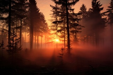  the sun is shining through the trees in a foggy, foggy, tree - lined area of a forest with tall, thin trees in the foreground, the foreground, in the foreground, the foreground,.